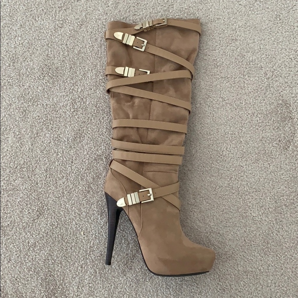 Bebe Tan Knee High Buckle Boots
